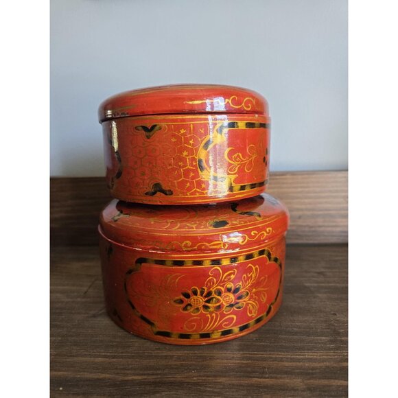 Burmese Lacquered Nesting Boxes with Lids Red Black and Gold Ornate Floral - Picture 7 of 10